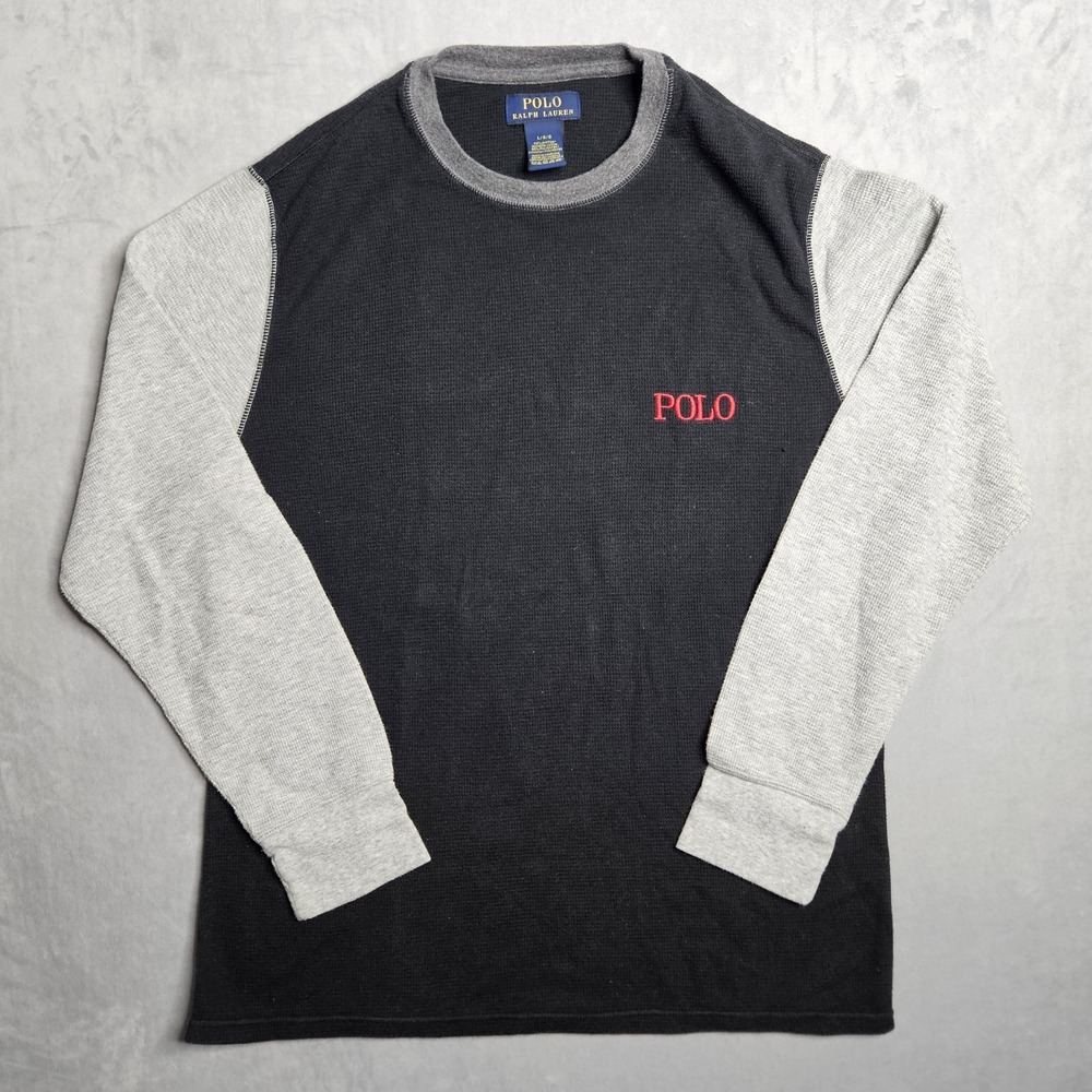 Polo Ralph Lauren Shirt Mens Large Black Colorblock Waffle Knit Thermal Logo